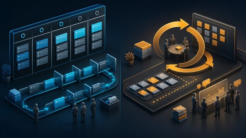 Editorial business scene illustrating kanban project management software and agile project management software