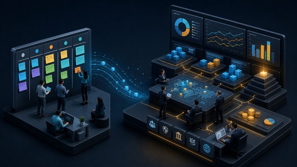 Editorial business scene illustrating kanban project management software and enterprise project management software