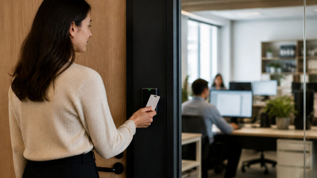 Editorial business scene illustrating keycard access systems and cloud accounting software