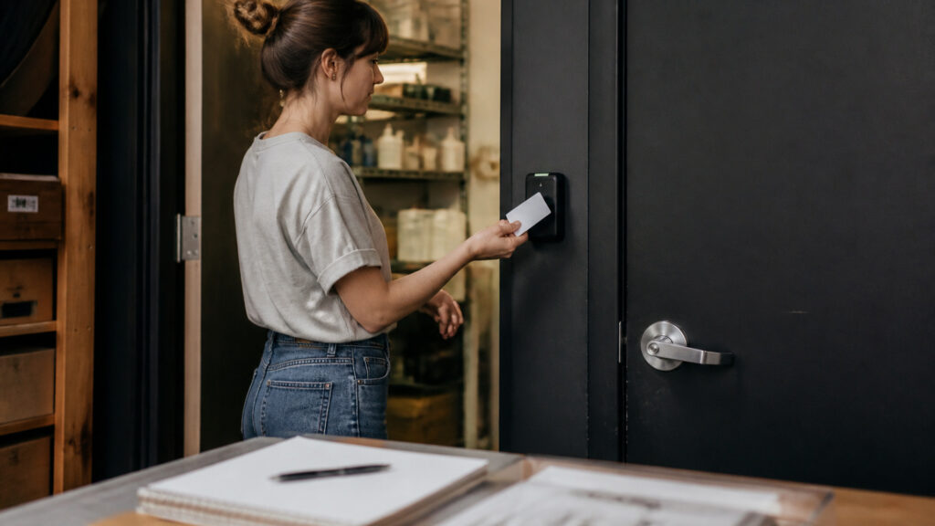 Editorial business scene illustrating keycard access systems and freelancer accounting software