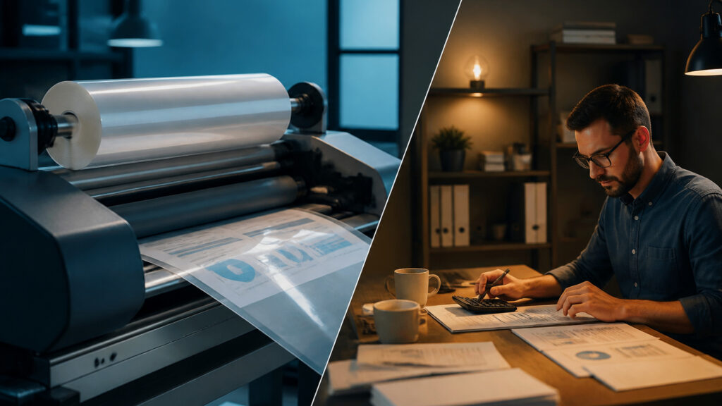 Editorial business scene illustrating laminating machines and freelancer accounting software