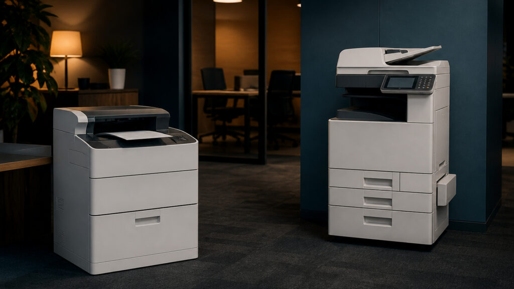 Editorial business scene illustrating laser office printers and all-in-one office printers