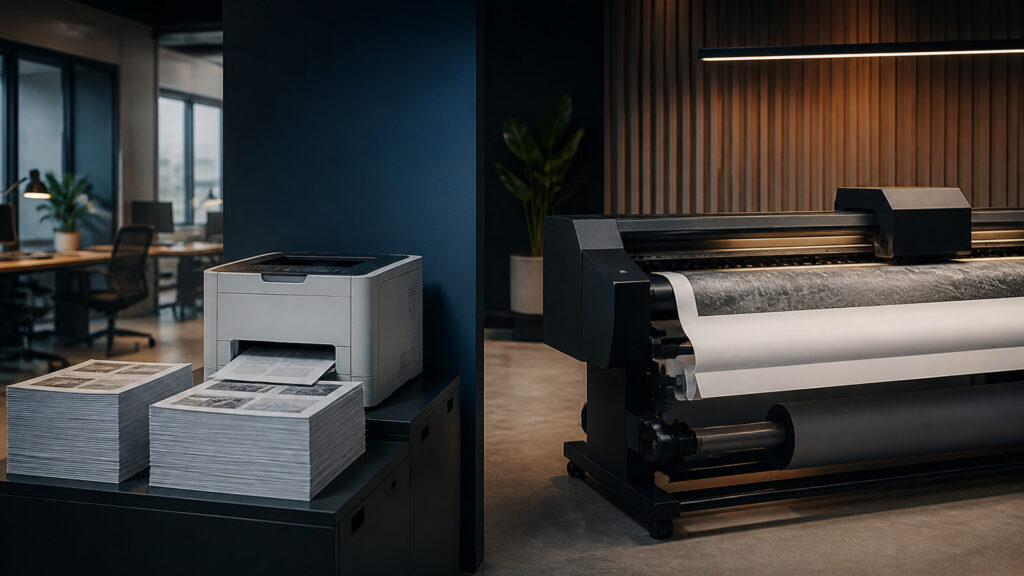 Editorial business scene illustrating laser office printers and wide format office printers
