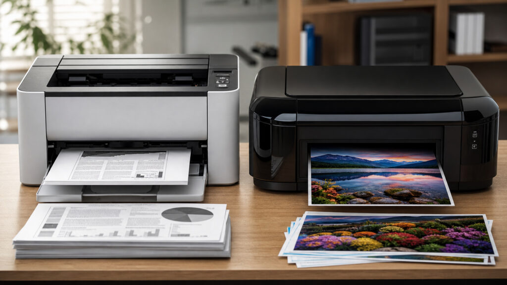 Editorial business scene illustrating laser printers and inkjet printers