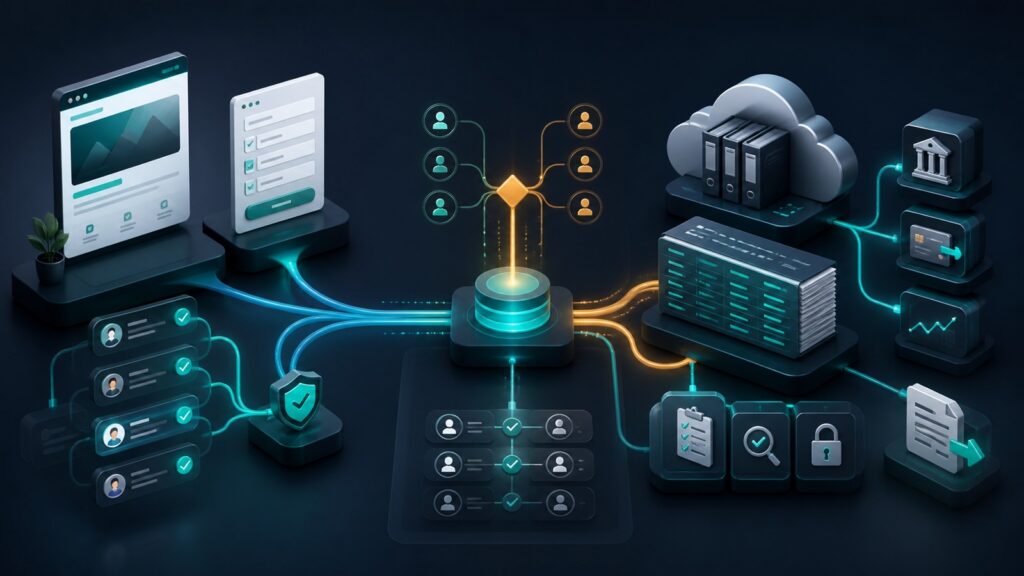 Editorial business scene illustrating lead capture software and cloud accounting software