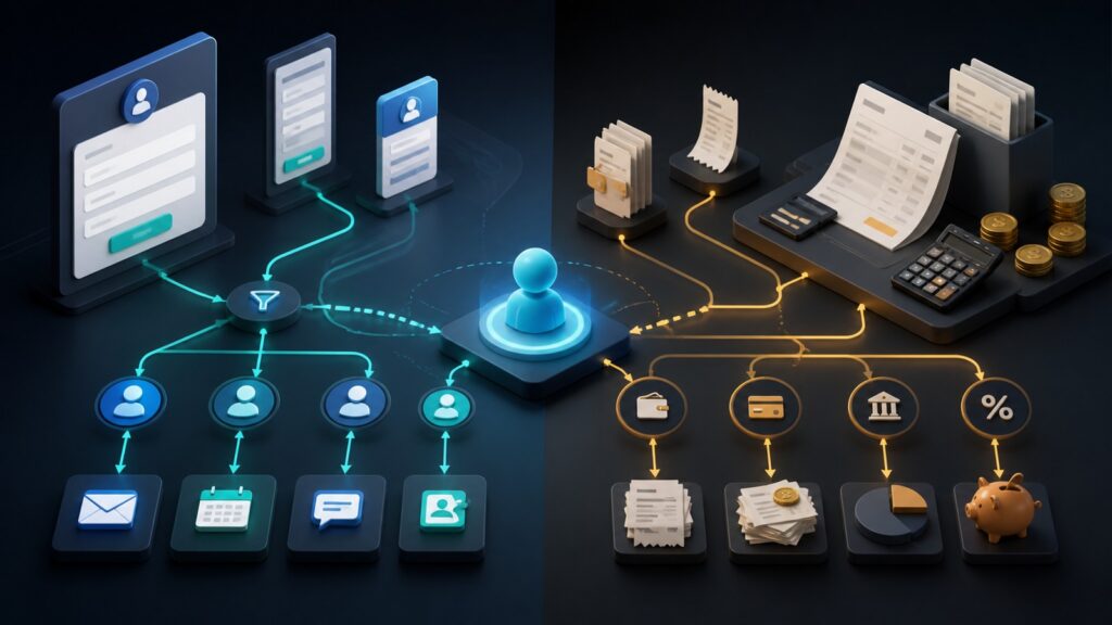 Editorial business scene illustrating lead capture software and freelancer accounting software