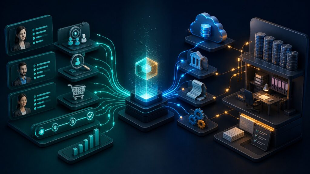 Editorial business scene illustrating lead intelligence platforms and cloud accounting software