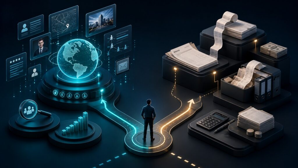 Editorial business scene illustrating lead intelligence platforms and freelancer accounting software