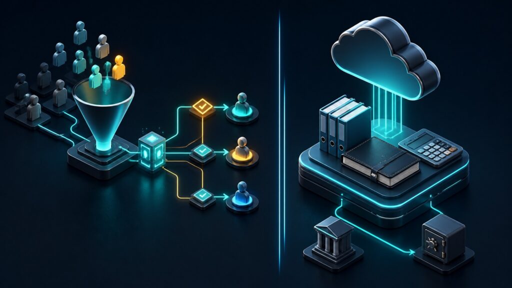 Editorial business scene illustrating lead management software and cloud accounting software