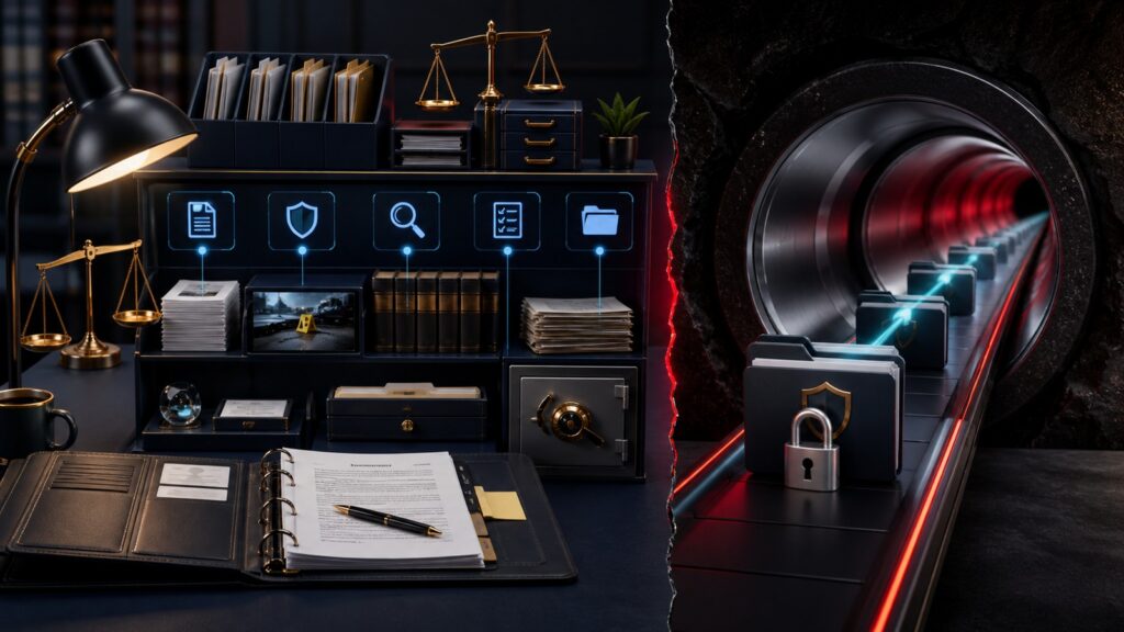 Editorial business scene illustrating legal document management software and secure file sharing platforms