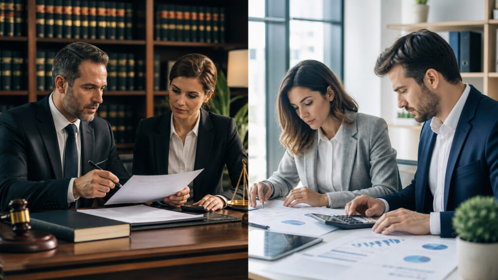 Editorial business scene illustrating legal services and accounting services