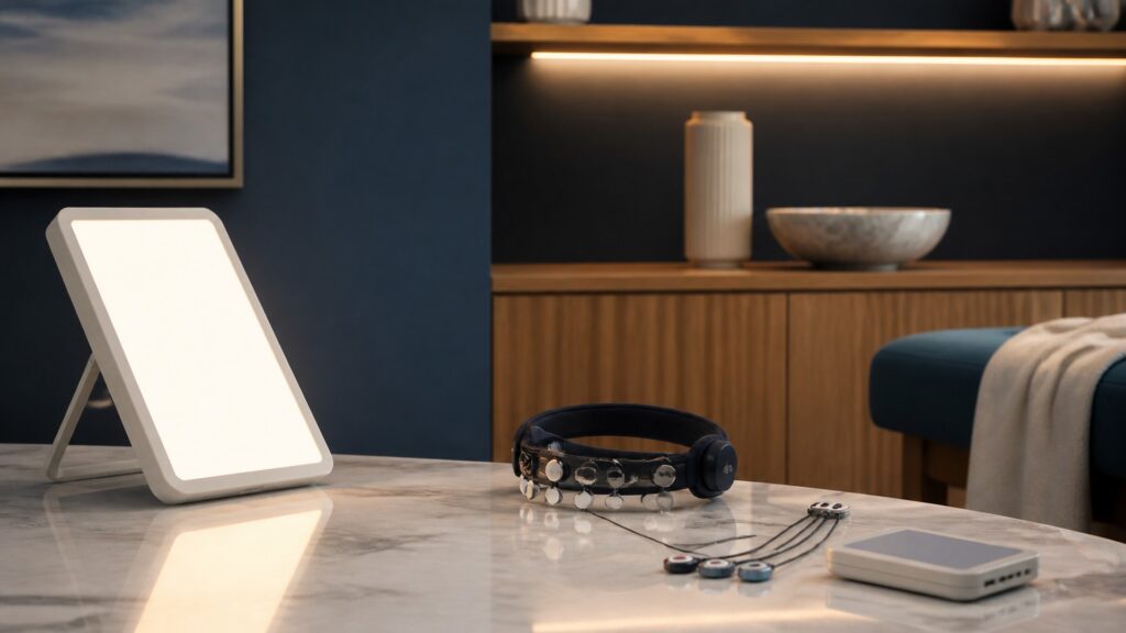 People-free editorial still life illustrating visible illumination contrasted with neural measurement or stimulation