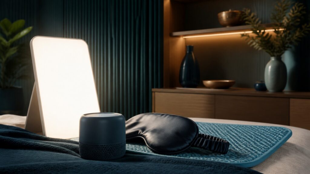 People-free editorial still life illustrating scheduled brightness contrasted with broad bedtime comfort
