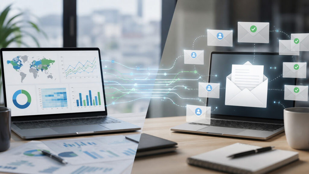 Editorial business scene illustrating marketing analytics platforms and email marketing software