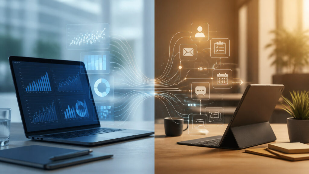 Editorial business scene illustrating marketing analytics platforms and sales automation software