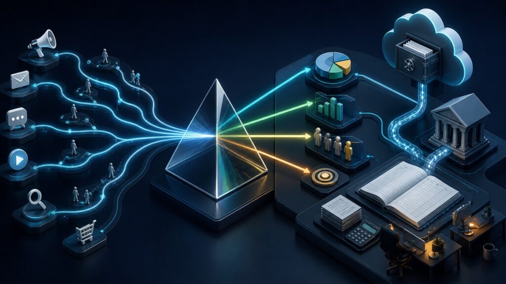 Editorial business scene illustrating marketing attribution software and cloud accounting software