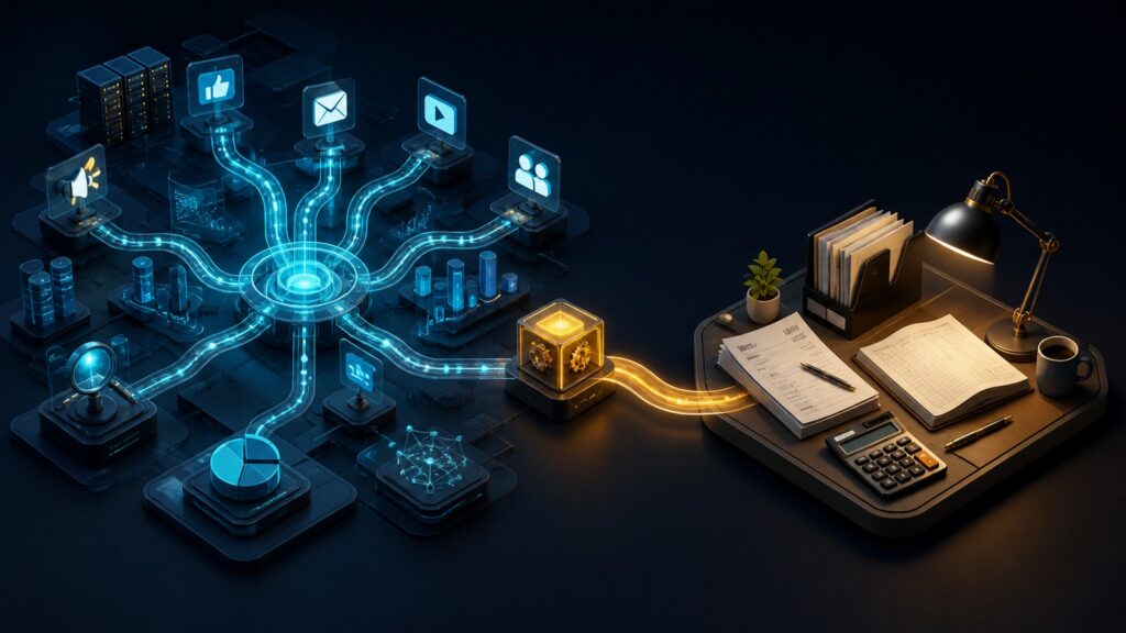 Editorial business scene illustrating marketing attribution software and freelancer accounting software