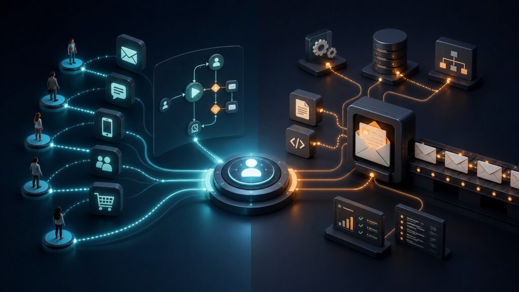 Editorial business scene illustrating marketing automation platforms and transactional email platforms