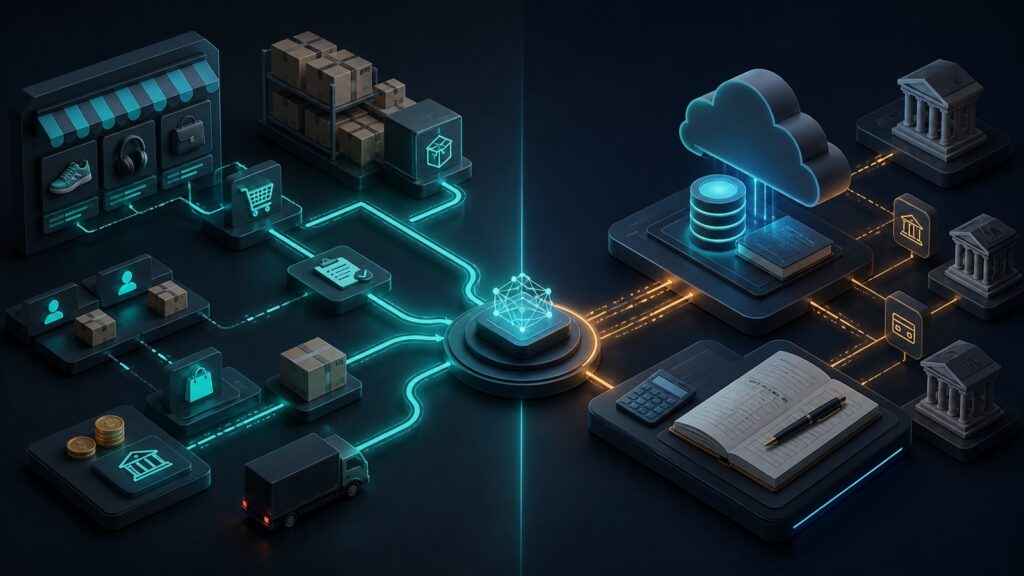 Editorial business scene illustrating marketplace integration platforms and cloud accounting software