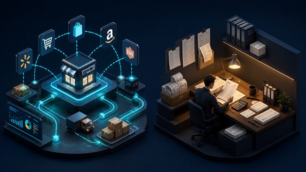 Editorial business scene illustrating marketplace integration platforms and freelancer accounting software