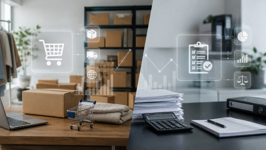 Editorial business scene illustrating marketplace selling platforms and accounting software
