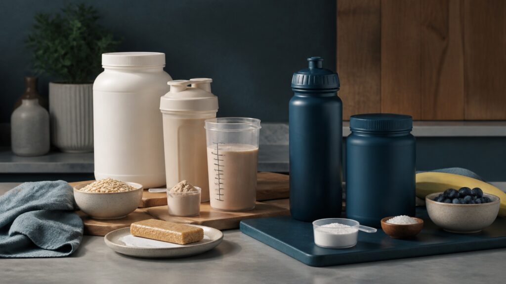 People-free editorial still life illustrating daily meal substitute versus training-timed fuel