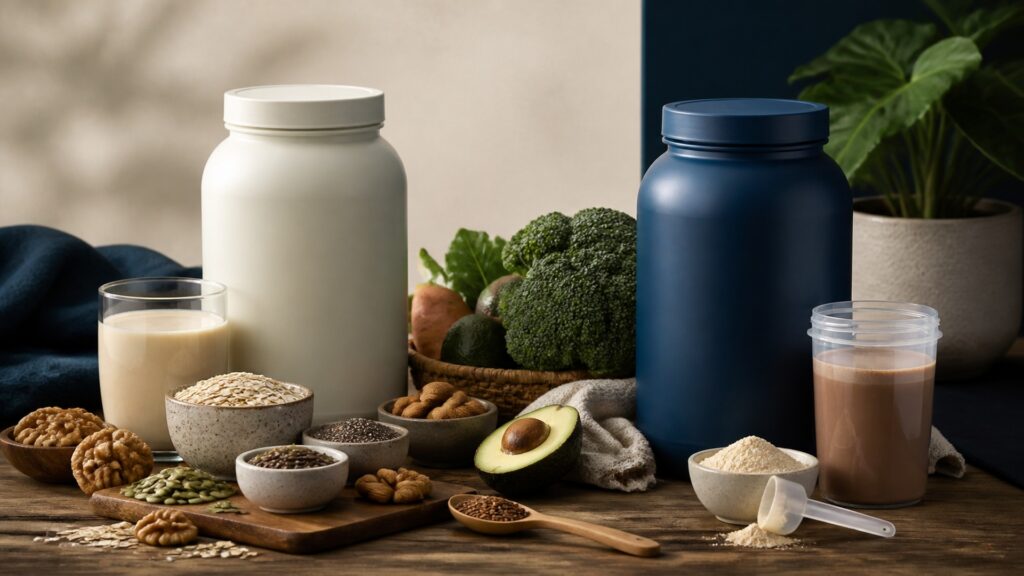 People-free editorial still life illustrating meal replacements different from protein shakes