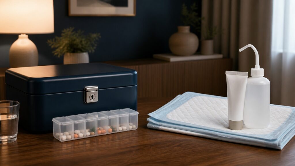 People-free editorial still life illustrating medication control versus continence workflow