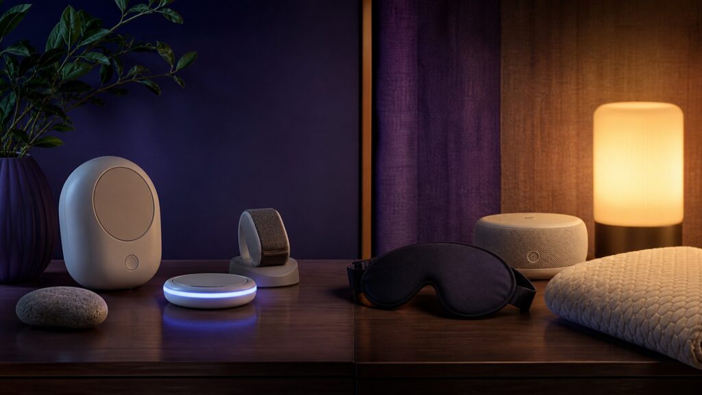 People-free comparison of meditation timer and breathing-feedback device with sleep mask, sound machine, and bedside light