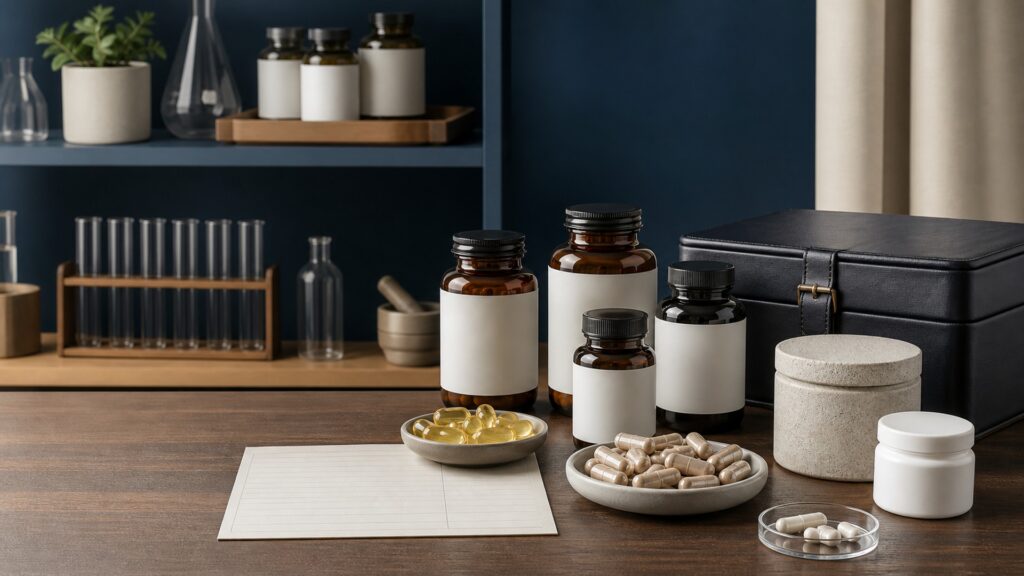 People-free editorial still life illustrating male-health formula claims versus pressure lipid rhythm and vascular endpoints