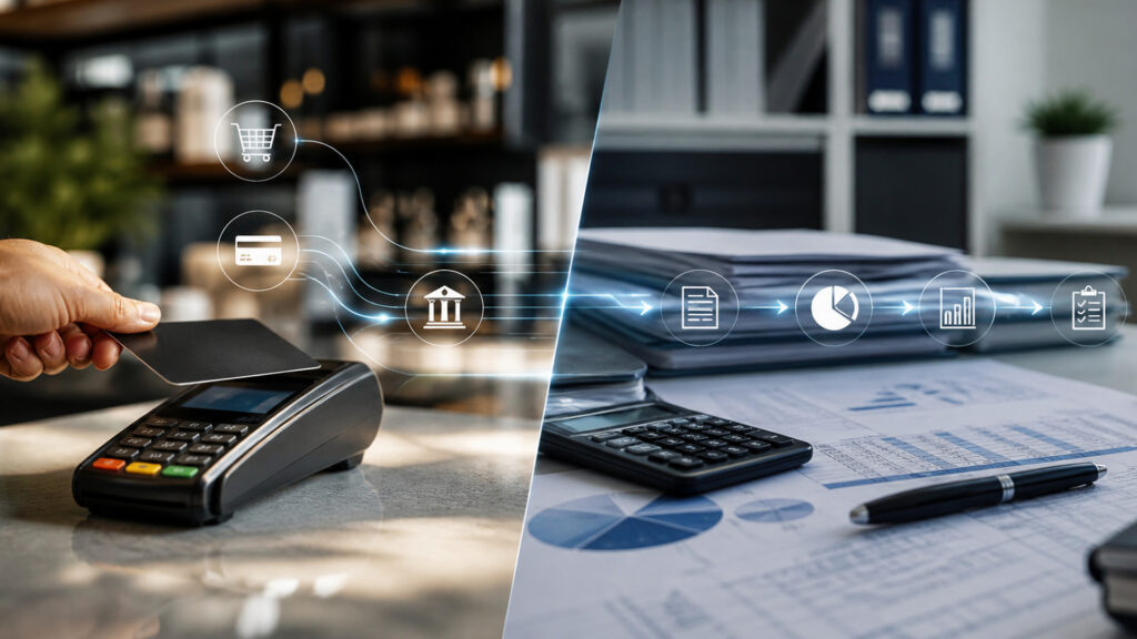 Editorial business scene illustrating merchant services and accounting software