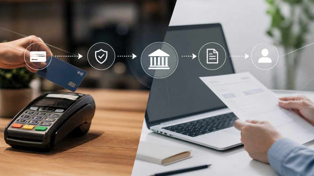 Editorial business scene illustrating merchant services and invoicing software