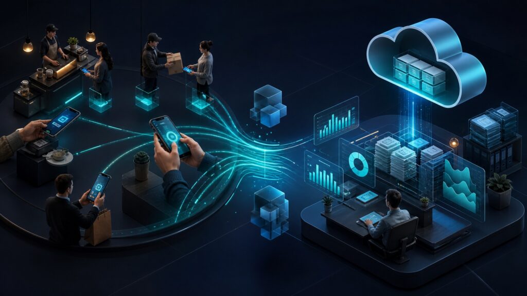 Editorial business scene illustrating mobile payment platforms and cloud accounting software
