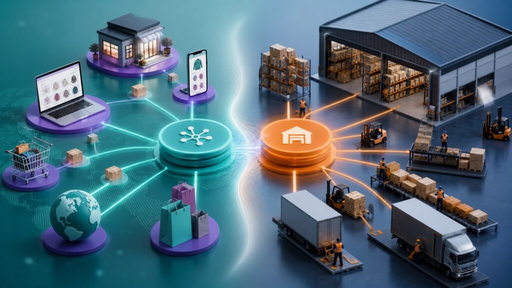 Editorial business scene illustrating multi-channel inventory software and warehouse inventory software