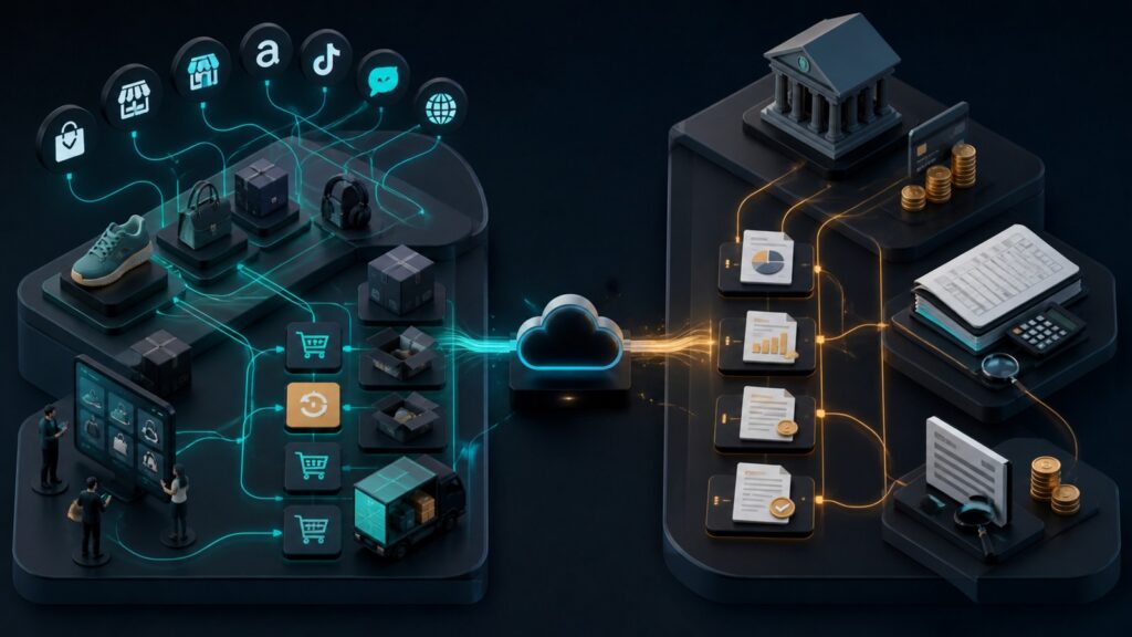 Editorial business scene illustrating multichannel selling platforms and cloud accounting software