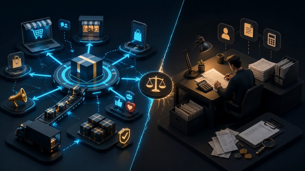Editorial business scene illustrating multichannel selling platforms and freelancer accounting software