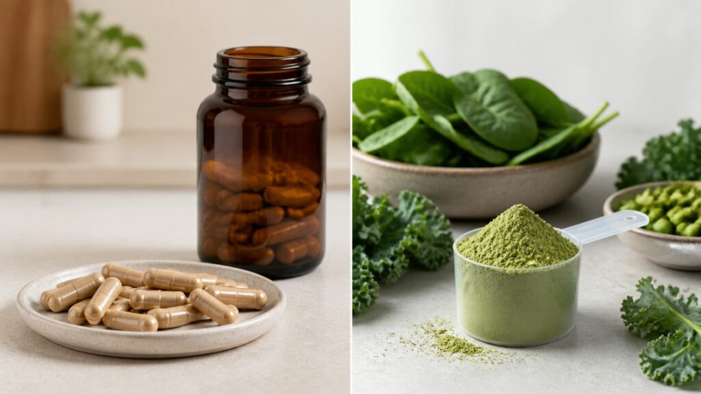 People-free editorial still life illustrating multivitamins different from greens powders