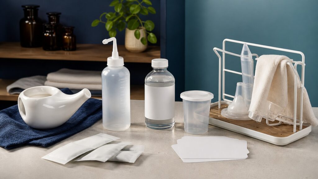 People-free editorial still life illustrating personal nasal lavage contrasted with environmental air measurement