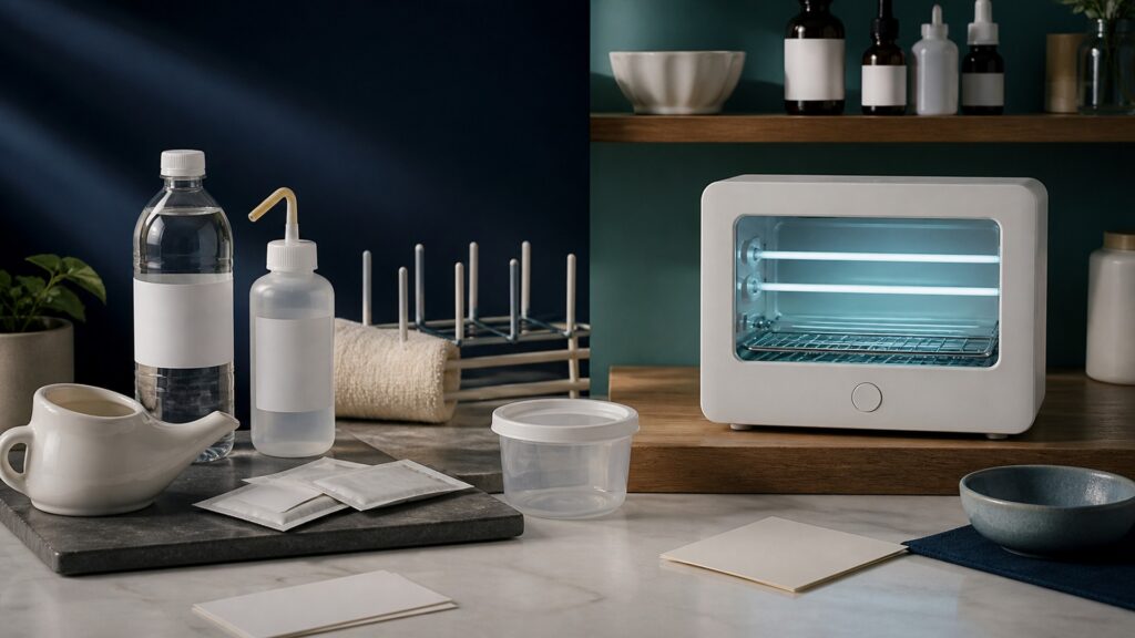 People-free editorial still life illustrating physical saline rinsing contrasted with enclosed radiation-based surface treatment