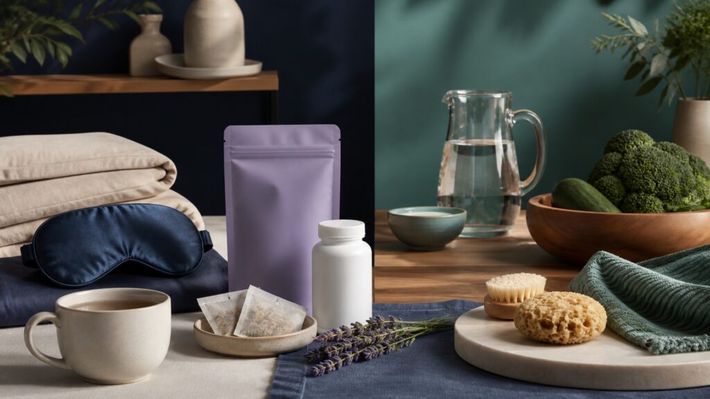 People-free editorial still life illustrating rest-related outcome versus cleansing outcome