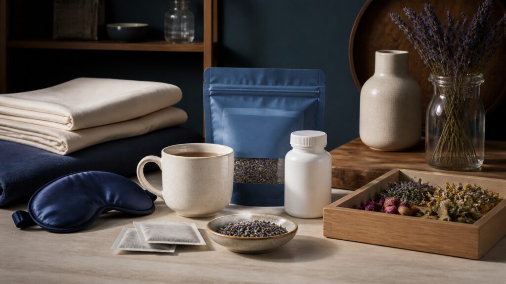 People-free editorial still life illustrating sleep-purpose selection versus botanical identity