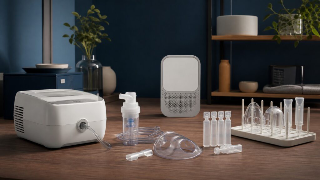People-free editorial still life illustrating respiratory medicine delivery contrasted with environmental sensing