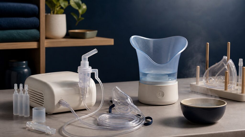 People-free editorial still life illustrating medicated droplet inhalation contrasted with nonmedicated warmth and moisture