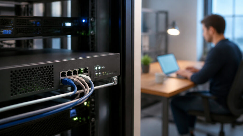 Editorial business scene illustrating network security appliances and freelancer accounting software