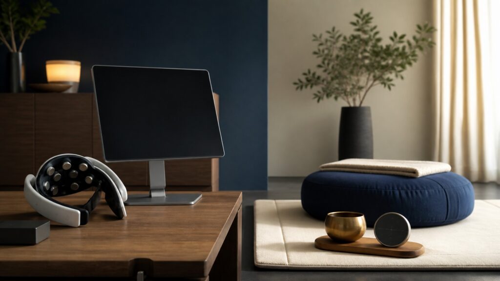 People-free editorial still life illustrating measured neural intervention contrasted with contemplative practice