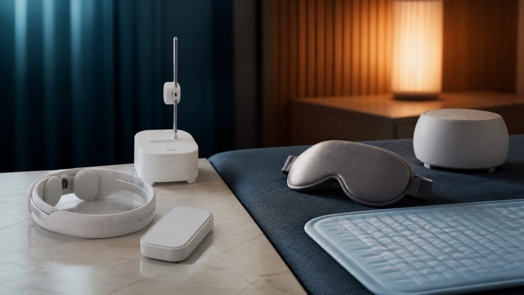 People-free editorial still life illustrating protocol-driven neural input contrasted with sensory rest support