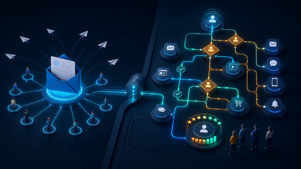 Editorial business scene illustrating newsletter marketing software and marketing automation platforms