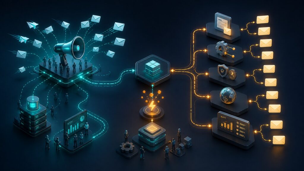 Editorial business scene illustrating newsletter marketing software and transactional email platforms
