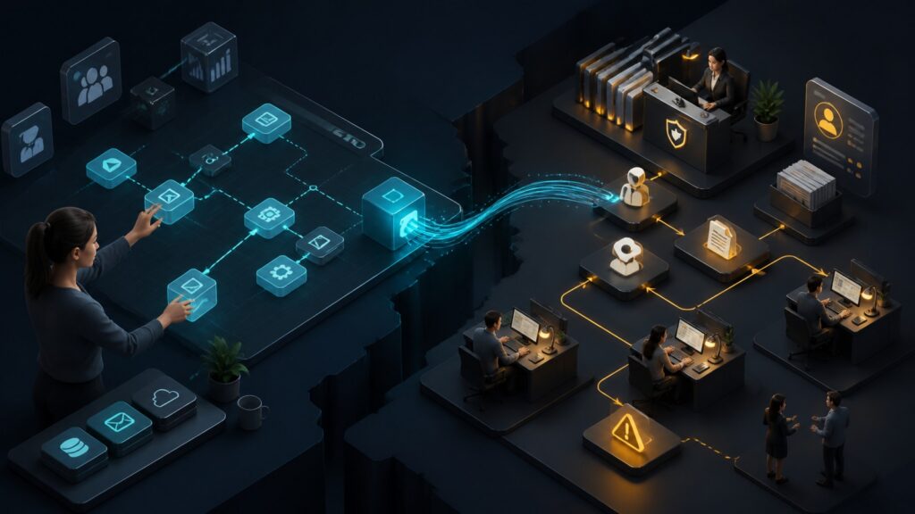 Editorial business scene illustrating no-code automation platforms and workflow management systems