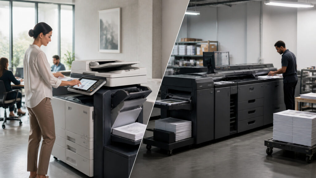 Editorial business scene illustrating office machines and office printers